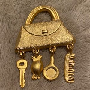 Ladies Purse Goldtone Pin Brooch w/ Charms by RVP